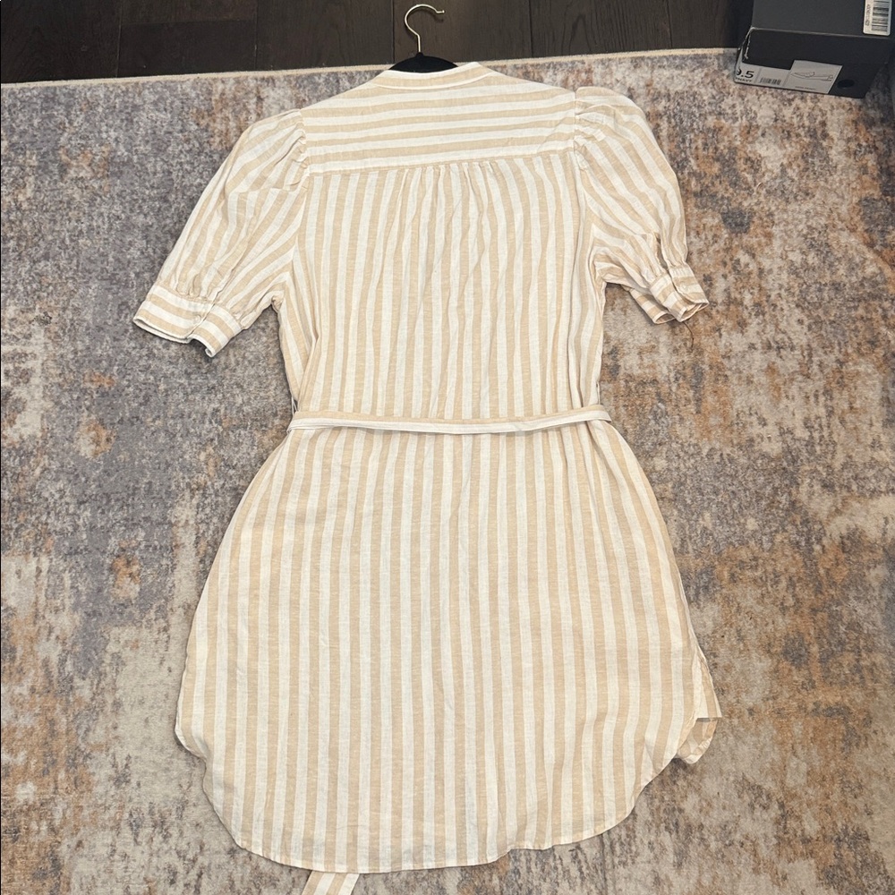 NWT GAP Khaki and White Striped Linen Blend Belted Puff Sleeved Shirt Dress Lg - Picture 2 of 9